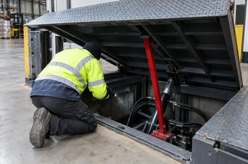 Engineer inspecting the hydraulics of a raised dock leveller