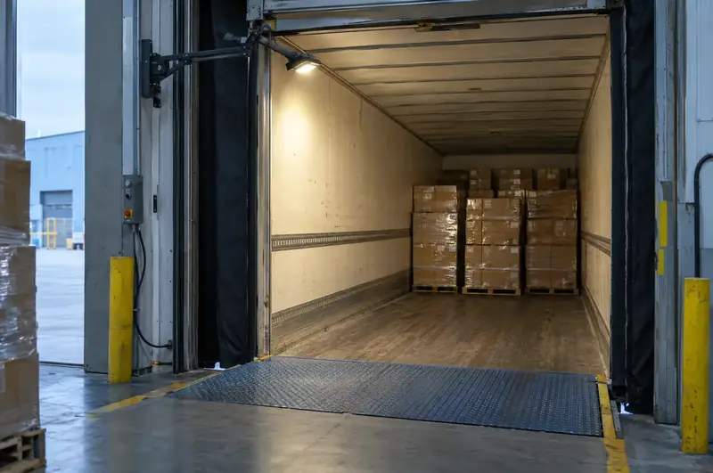 Swing-arm LED dock light lighting the inside of a trailer