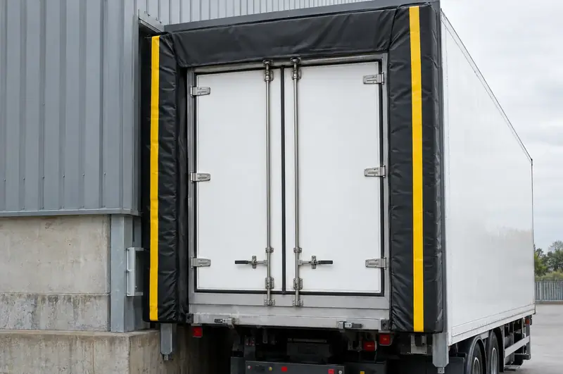 Foam dock seal pads compressed around the rear doors of a box trailer