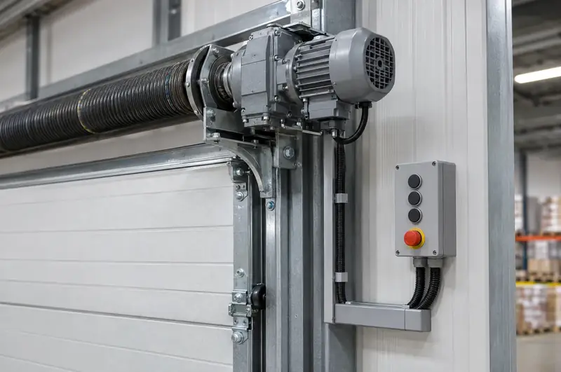 Electric operator on a sectional door shaft with a wall-mounted control box and emergency stop