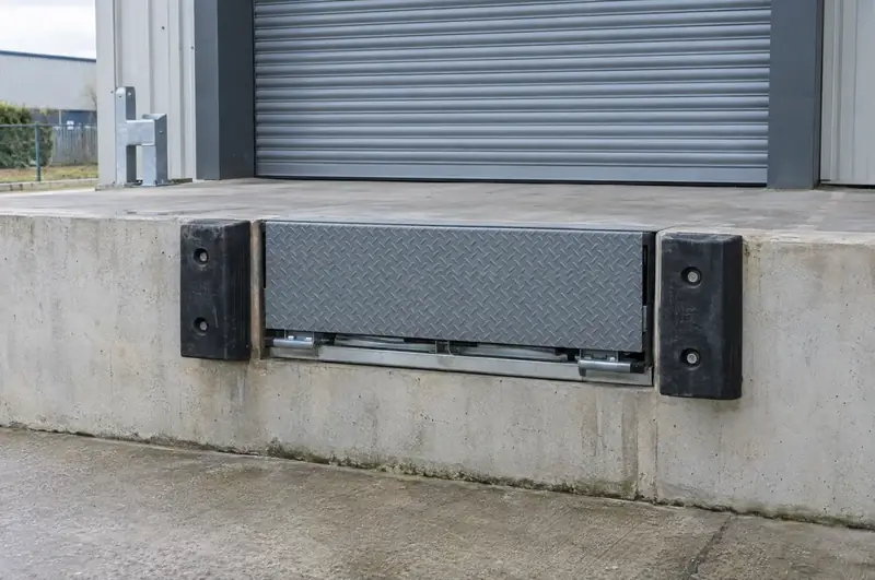 Edge-of-dock leveller fixed to a concrete dock face between two rubber bumpers