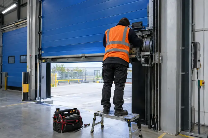 Engineer repairing the cable drum of a sectional loading bay door