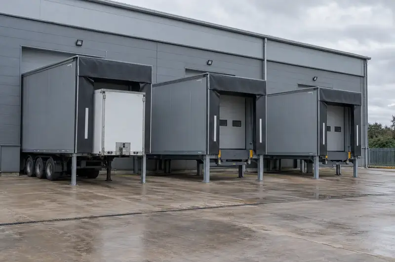 Three external loading houses projecting from a warehouse with dock shelters