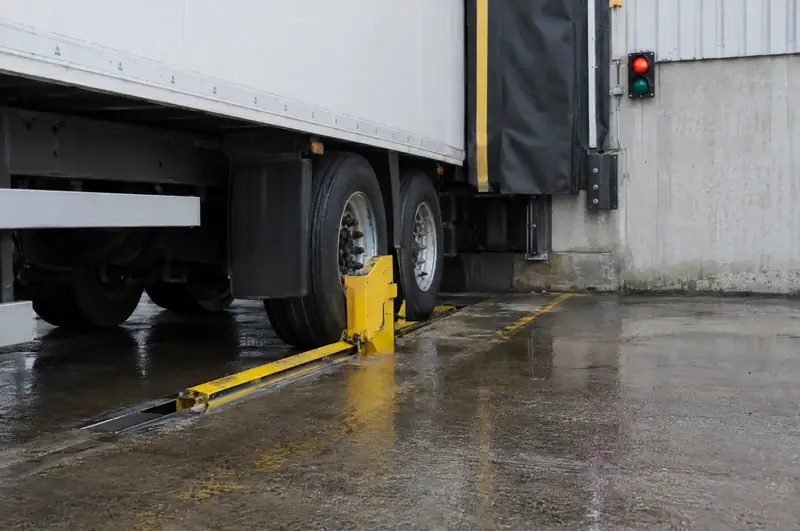 Wheel-based vehicle restraint locked against a trailer wheel with a red and green dock light on the wall